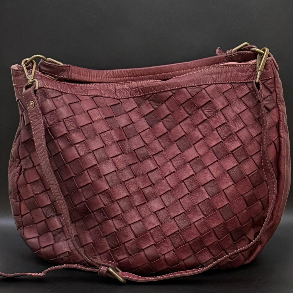 FIORE Italy Burgundy Wine Genuine Leather Woven Large Slouchy Satchel Crossbody